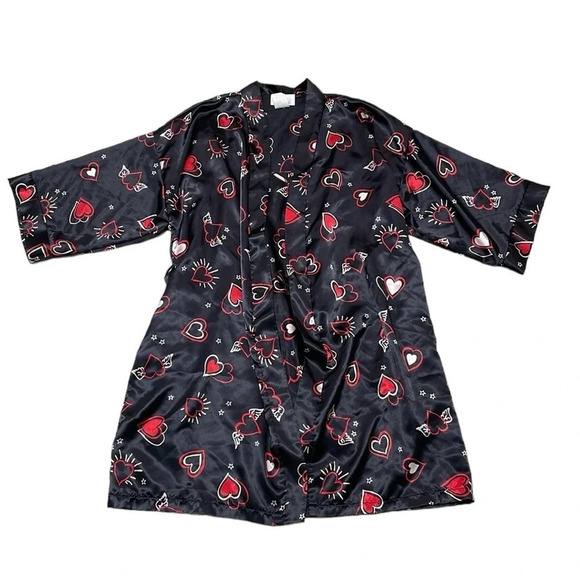 Dentelle Robe & Chemise Set Women's L Large Black Red Heart Pattern Slip Knee - Picture 4 of 17